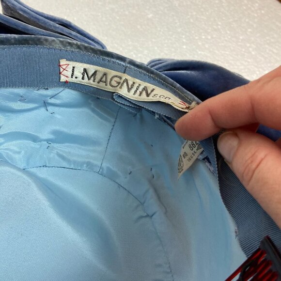 I.Magnin Vtg Blue Pillbox Hat Drapery Bow Velours
